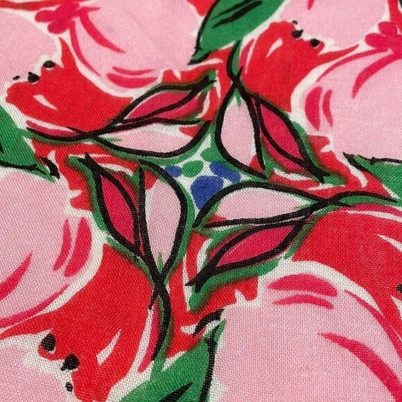 Bright floral square woven cottony fabric scarf in pinks, coral red & periwinkle - Picture 5 of 8